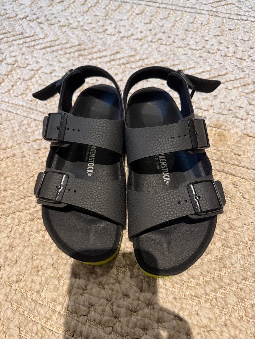 Birkenstock Kids Black Double-Strap Sandals with Neon Green Soles NWOT